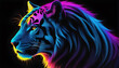 Growling Neon Abstract  multicolored Tiger on a dark bokeh background
