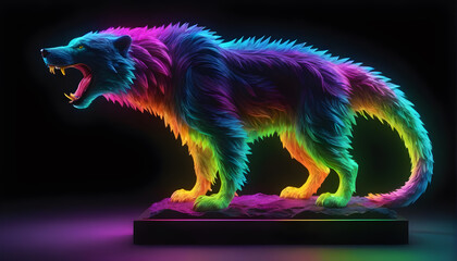 rowling Neon Abstract  multicolored Wolf on a dark bokeh background

