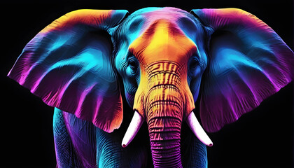 Growling Neon Abstract  multicolored Elephant on a dark bokeh background
