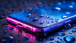 Macro photography of smartphone’s screen edge. Product shot of mobile phone which is covered with water drops and liquid blurred background behind in blue and violet shades