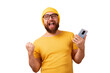 winner man with phone isolated on transparent background