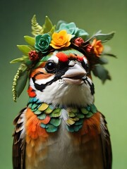 Wall Mural - Close up, bird wearing a colorful big flower crown. Very minimalistic style, green background.