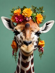 Wall Mural - Close up, giraffe with wearing a colorful big flower crown. Very minimalistic style, green background.