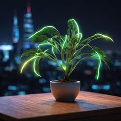 Supper techonology concept, A Young Glowing plant growing on computer chip representing digital ecology business and blurred background, Natural, Tech, light, night.