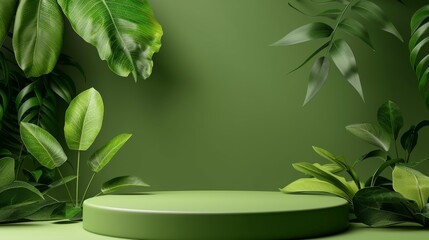 Green background podium product platform for nature beauty cosmetic stage scene. Abstract mud podium pedestal mockup with green leaf shadow. Photography showcase fresh banner , generated with AI