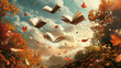 Autumn books: Various books are flying through a typical autumn landscape with leaves falling to the ground
