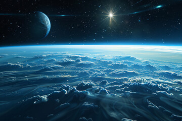 Wall Mural - a blue planet with a large moon and a star in the sky. the sky is dark and the stars are shining bri