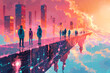 Dreamlike Cityscape with People on a Vibrant Neon Bridge Illustration