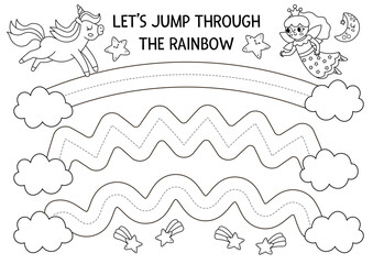 Wall Mural - Vector handwriting practice worksheet with unicorn jumping through rainbows. Fantasy printable black and white activity for kids. Tracing game for writing skills. Magic world coloring page