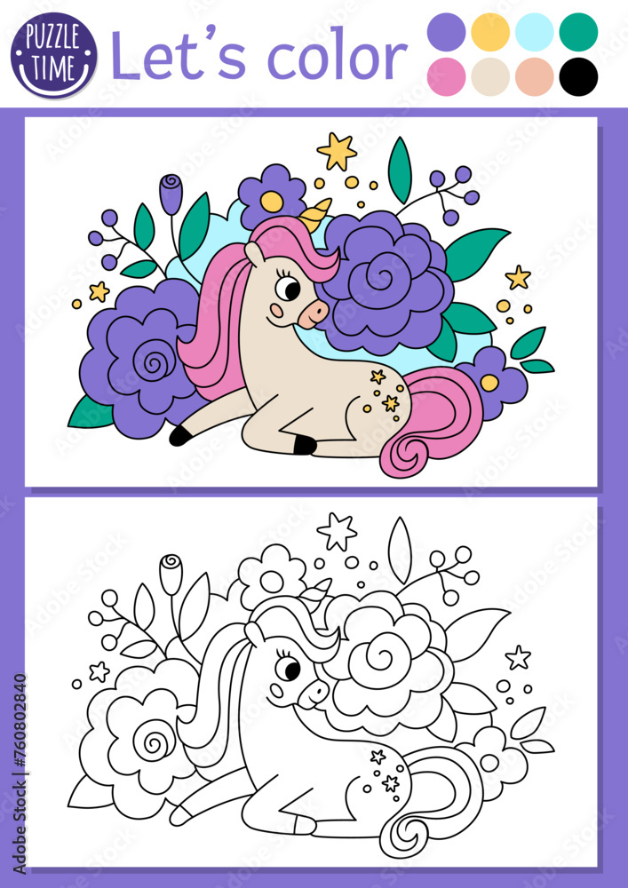Coloring page for children with cute unicorn sitting in flowers. Vector ...
