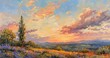 Gentle oil painting of an autumn sunset over the hills, with the sky's warm colors reflecting on the landscape's trees and flowers.