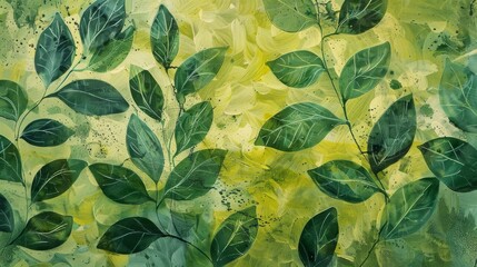 Poster - Botanical abstract oil painting background with leaf-like patterns and green organic shapes.