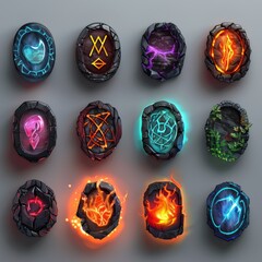 Set of stone runes, isolated. Druid runes for game with different magic symbols