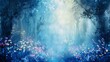 © furyon - Fantasy watercolor landscape of a mystical blue forest with glowing flowers and mist.