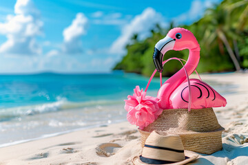 Wall Mural - Beach bag with accessories and inflatable flamingo on a tropical beach, summer vacations (2)