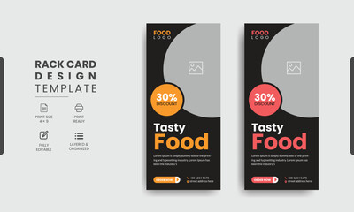 Fast food restaurant business marketing roll up or banner template design with abstract background, logo and social media icon. Pizza, burger & healthy food sale web banner, rack card or flyer