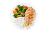 Fototapeta Mapy - plate of grilled salmon, rice and vegetables isolated on transparent background, top view