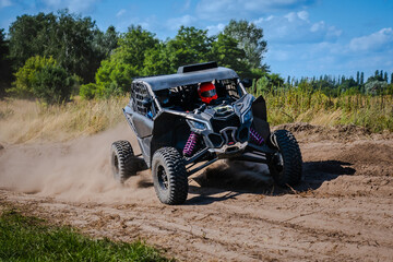 Wall Mural - ATV and UTV riding in sandy dusty track. Amateur competitions. 4x4.