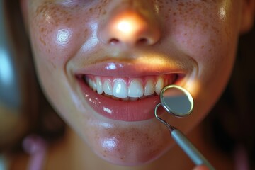 Medical examination of young woman's teeth. Girl is smiling showing perfect white teeth. Mock up portrait for clinics.
