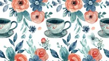 Watercolor Seamless Pattern With Whimsical Flowers And Vintage Teacups.
