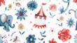 Whimsical watercolor seamless pattern featuring circus elements and flowers.