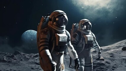 Astronaut in a spacesuit on an asteroid or planet moon in outer space. AI generated
