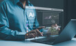 © Supatman - AI image creation technology. Man use AI software on a laptop to generate images, showcasing a futuristic user interface. screen with visual prompt. Image generated by artificial intelligence. photo,