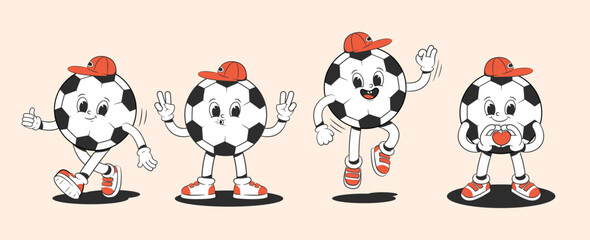 Wall Mural - Cartoon groovy soccer ball character in groovy style in different poses. Characters from the 30s. Funny colorful illustration in hippie style.