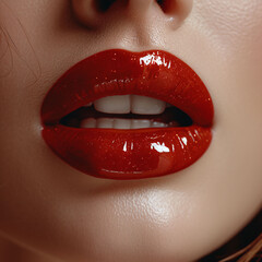 Close-up of woman's lips with bright fashion red glossy makeup. Macro bloody lipgloss make-up