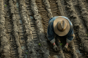 Man in Hat Working in Field