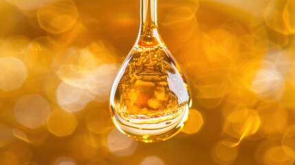 Wall Mural - a drop of oil is hanging from a glass bottle with a yellow boket of light in the background.