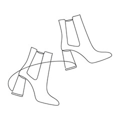 Wall Mural - High heels chelsea ankle boots shoes one line continuous drawing vector illustration. Hand drawn linear silhouette icon. Fashion design element for print, banner, card, wall art poster, brochure.