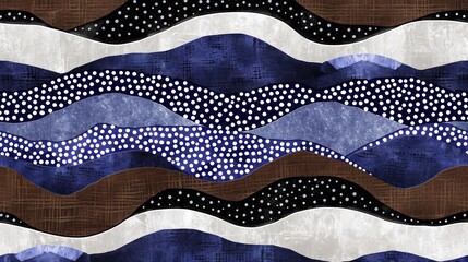 Sticker - a painting of waves and dots on a blue and brown background with a white dot on the left side of the image.