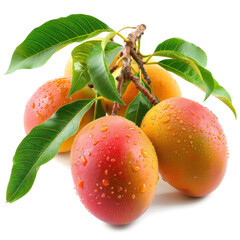 Wall Mural - Fresh ripe mangoes with green leaves isolated