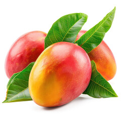 Wall Mural - Fresh ripe mangoes with green leaves isolated