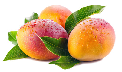 Wall Mural - Fresh ripe mangoes with green leaves isolated