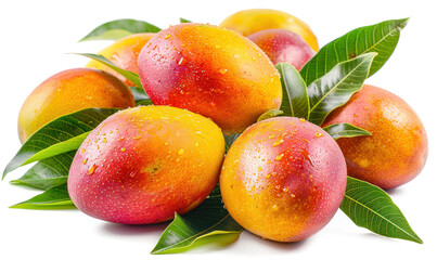 Wall Mural - Fresh ripe mangoes with green leaves isolated