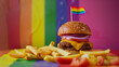 hamburger and french fries and pride flag
