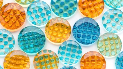 Poster - a close up of a bunch of different colored circles on a white surface with blue, yellow, orange, and green dots.