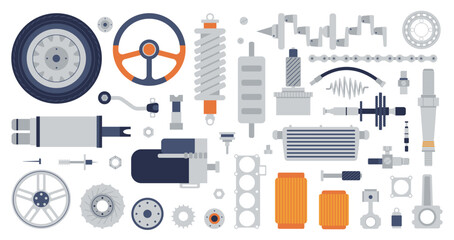 Canvas Print - Mechanical spare parts. Different machine spare flat icons. Mechanism collection, gears, wheels and joints. Isolated decent repair service clipart