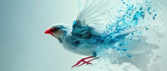 Poster - a blue bird flying through the air with splashes of blue paint on it's back legs and wings.