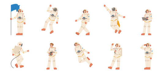 Wall Mural - astronaut characters. astronauts different poses, cartoon cosmonauts working. space and universe exp