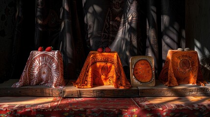 Sticker - a group of decorative items sitting on top of a wooden table next to a red and white cloth covered wall.