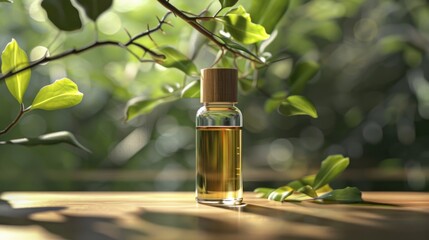 Poster - a bottle of oil sitting on top of a wooden table next to a green leafy branch of a tree.