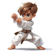 Cartoon illustration of a young boy in a karate pose, wearing a white gi with a brown belt, showing determination and strength.