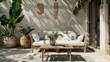 Wicker sofa with pillows on the terrace of the house