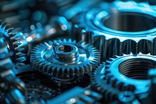 A Close Up Of A Set Of Gears With A Blue Tint. The Gears Are All Different Sizes And Are Interlocked Together. Concept Of Complexity And Precision