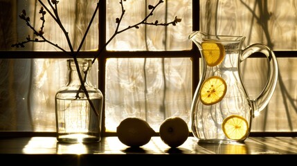 Poster - two lemons and a pitcher of water sit on a window sill next to a branch of a tree.