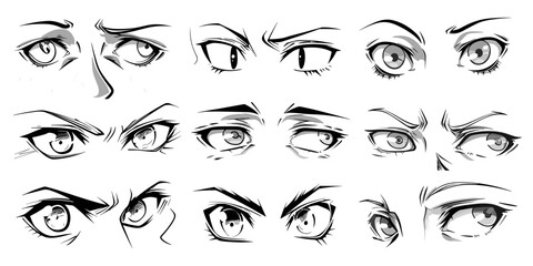 Poster - Anime style emotional sight. Comic eyes, angry, happy, surprise emotions. Cartoon japanese asian comics characters, vector set