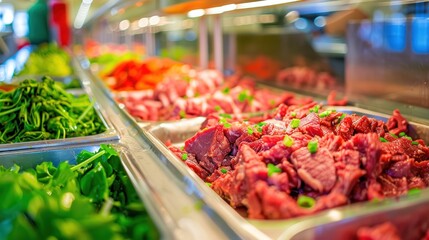 Wall Mural - a display case filled with lots of meat and veggies next to a pile of green beans and carrots.